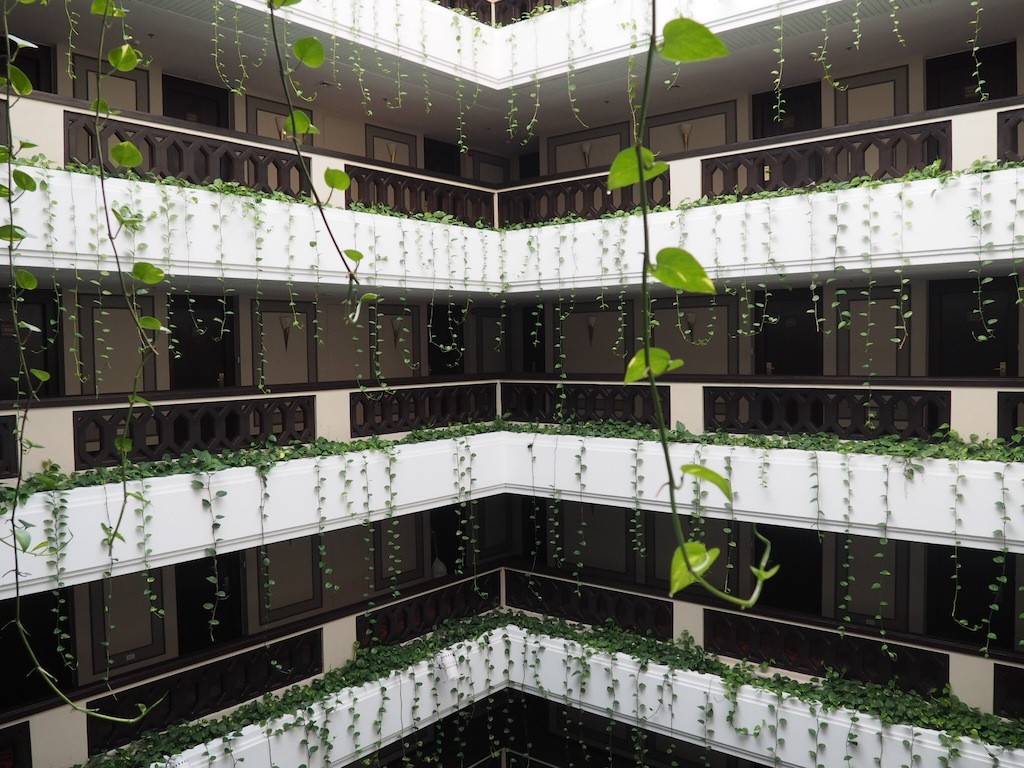 A greenery-filled atrium outside the guest rooms. There's a water feature at the bottom so you exit your room to the sound of trickling water and the scent of yasmin.
