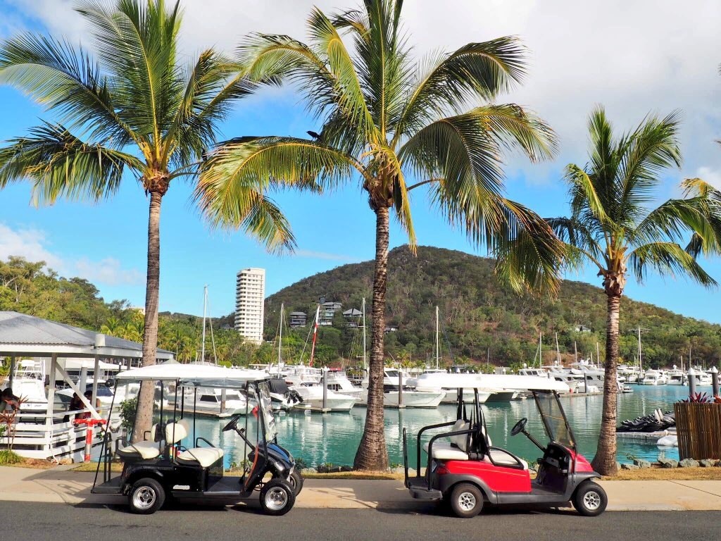 Golf buggies are the main mode of transport on Hamilton Island