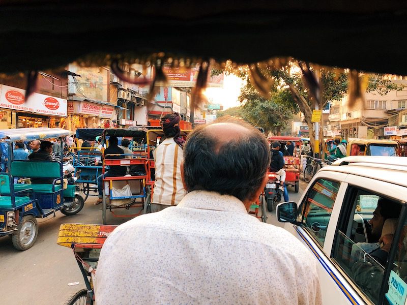 Enjoying a rickshaw ride in Old Delhi